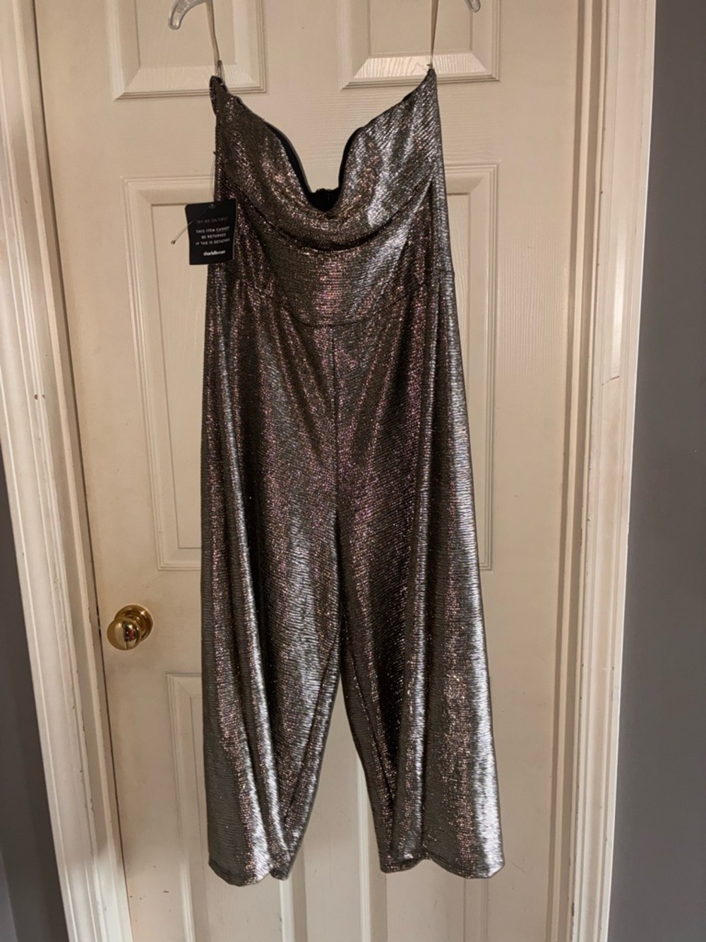 Charlotte Russe Metallic Silver Cowl-Neck Wide-Leg Jumpsuit